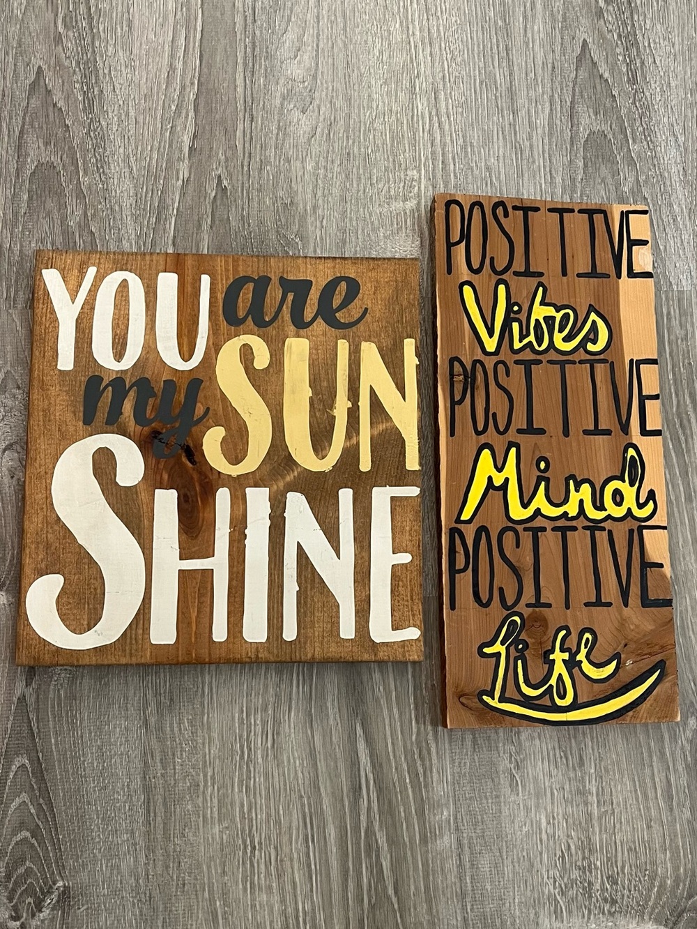 2 Yellow White Brown Wood Positive Vibes & You Are My Sunshine Wall Decor